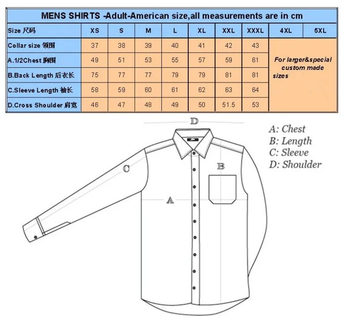 Dress shirt men's size chart